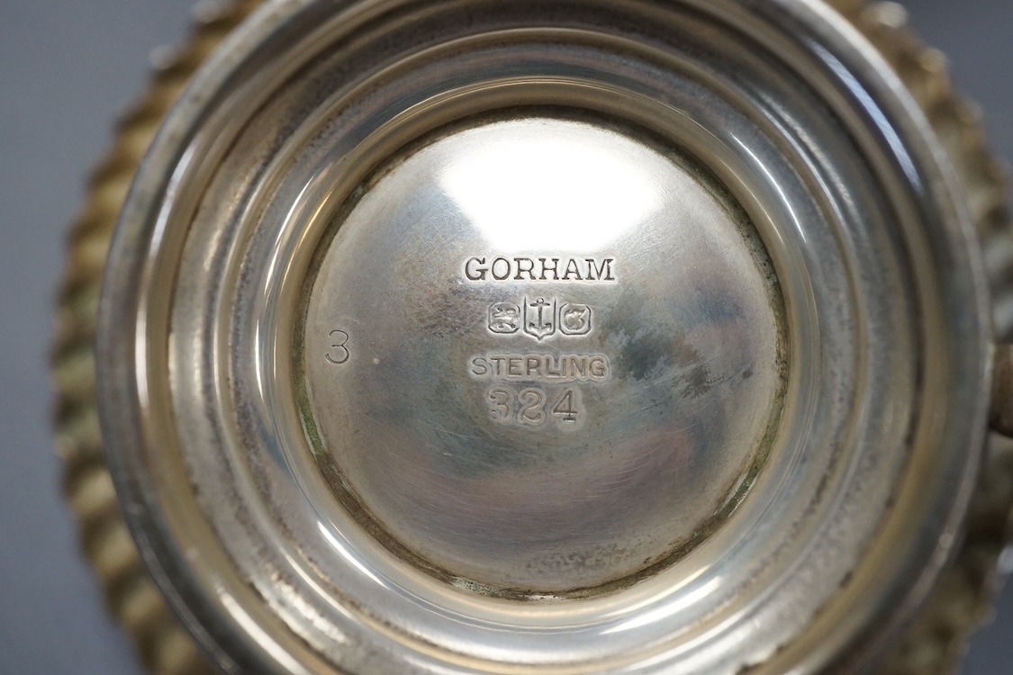 A group of silver to include Greek 800 white metal dish, 15.9cm, a white metal christening cup(tests as silver), Gorham mustard, one other silver mustard and a two handled vase.